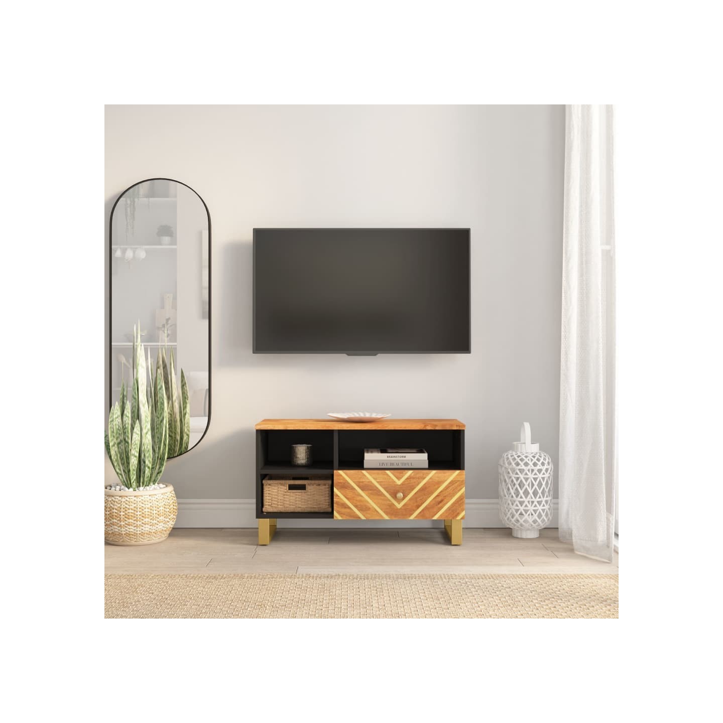 Meuble TV marron et noir 80x33,5x46 cm bois massif de manguier