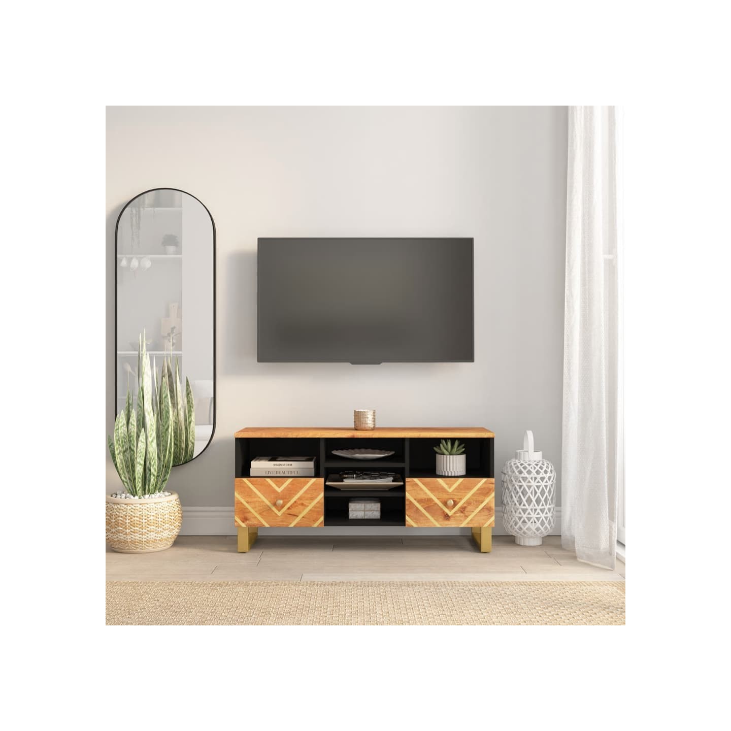 Meuble TV marron et noir 100x33,5x46 cm bois massif de manguier