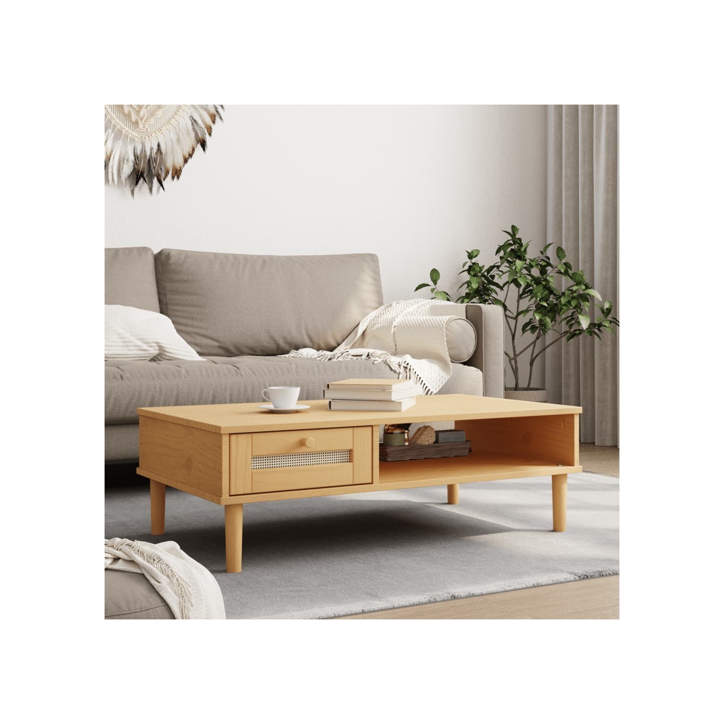 Table basse SENJA aspect rotin marron 100x55x33 cm bois massif