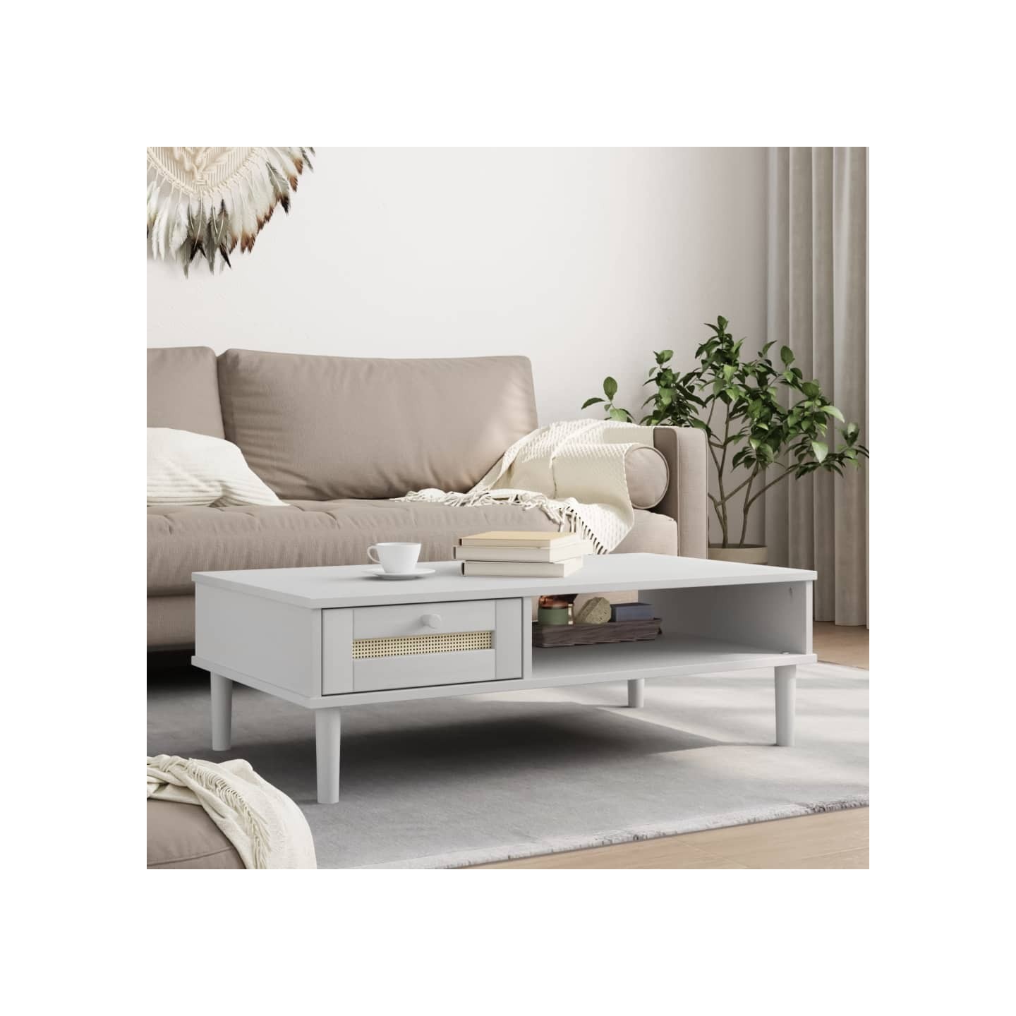 Table basse SENJA aspect rotin blanc 100x55x33 cm bois massif