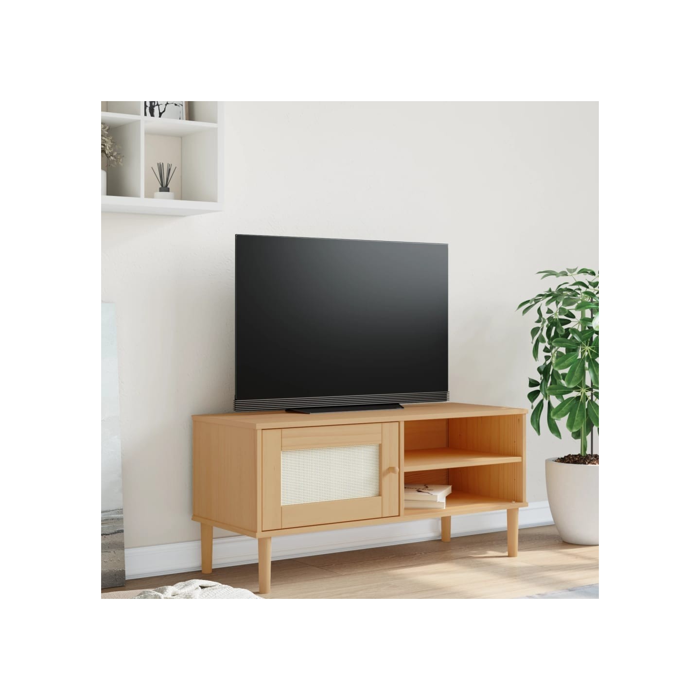 Meuble TV SENJA aspect rotin marron 106x40x49cm bois massif pin