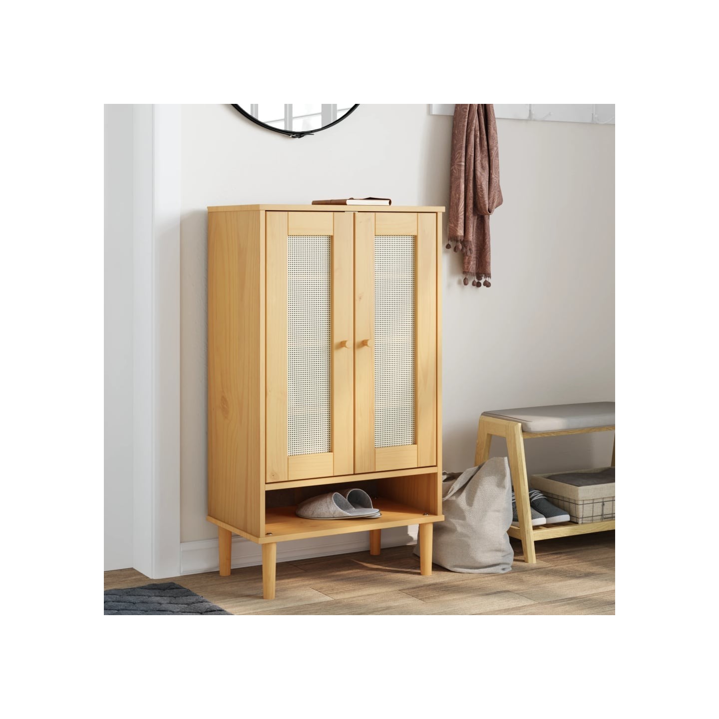 Armoire à chaussures SENJA aspect rotin marron bois massif