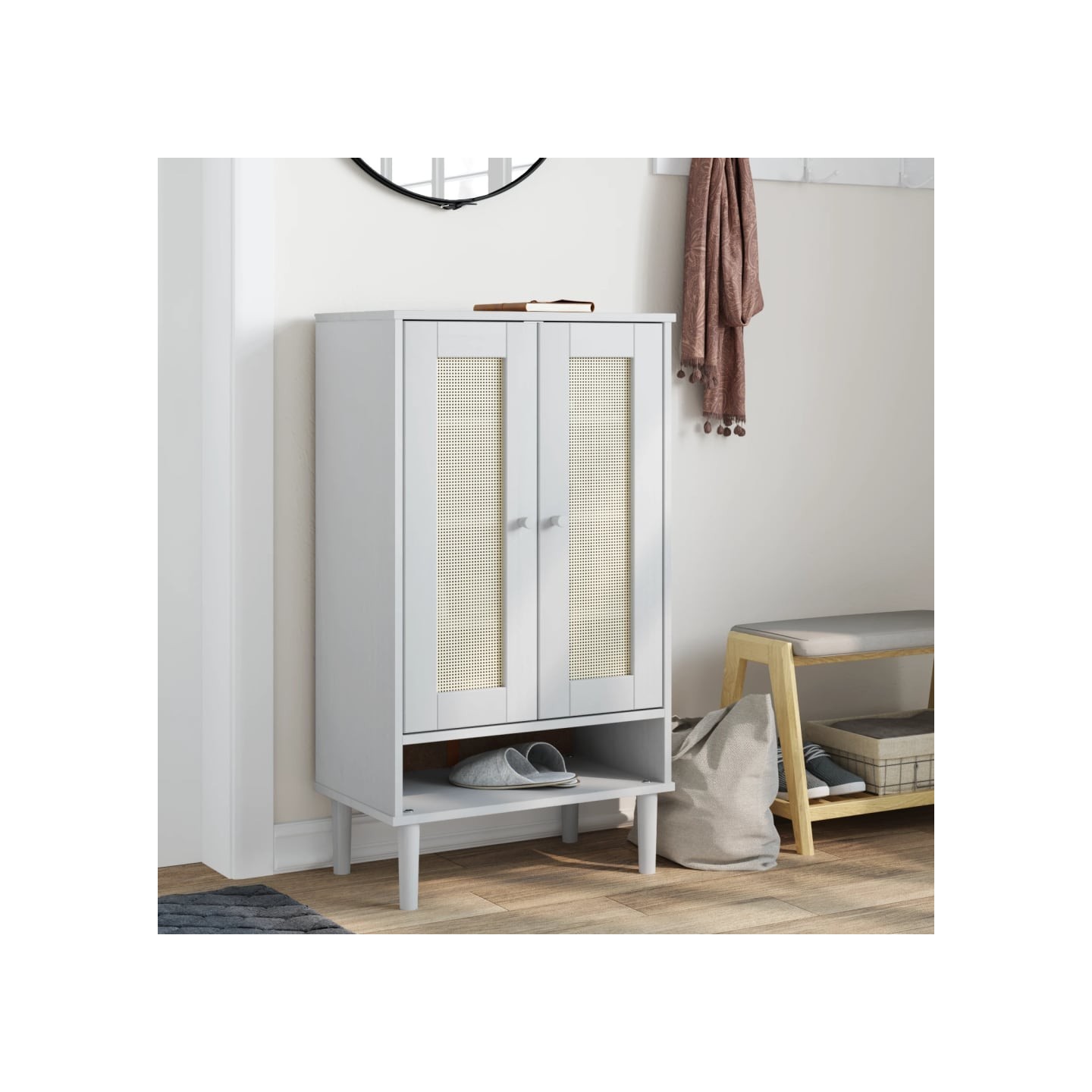 Armoire à chaussures SENJA aspect rotin blanc bois massif