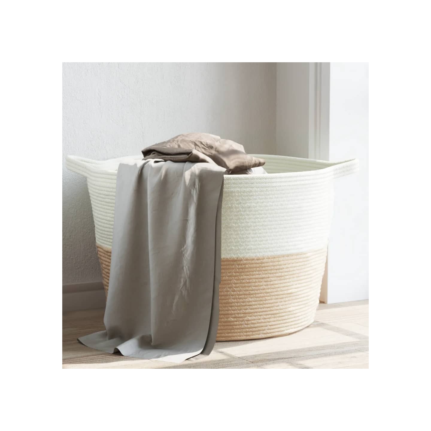 Panier à linge beige et blanc Ø60x36 cm coton