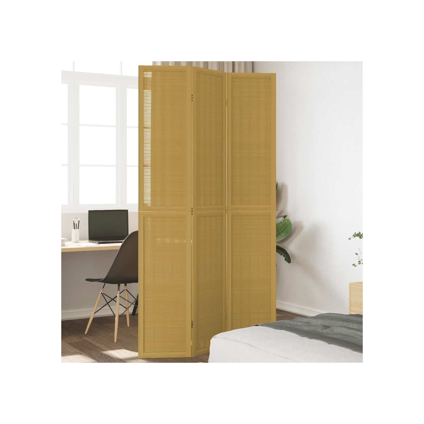 Cloison de séparation 3 panneaux marron bois paulownia massif