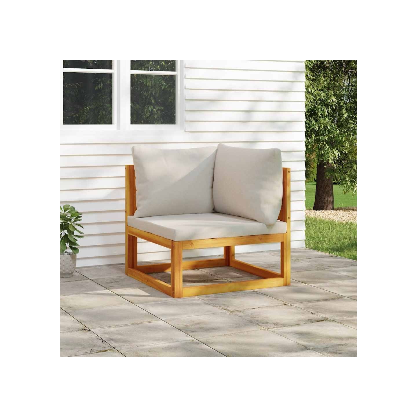 Canapé d'angle sectionnel avec coussins gris clair bois acacia