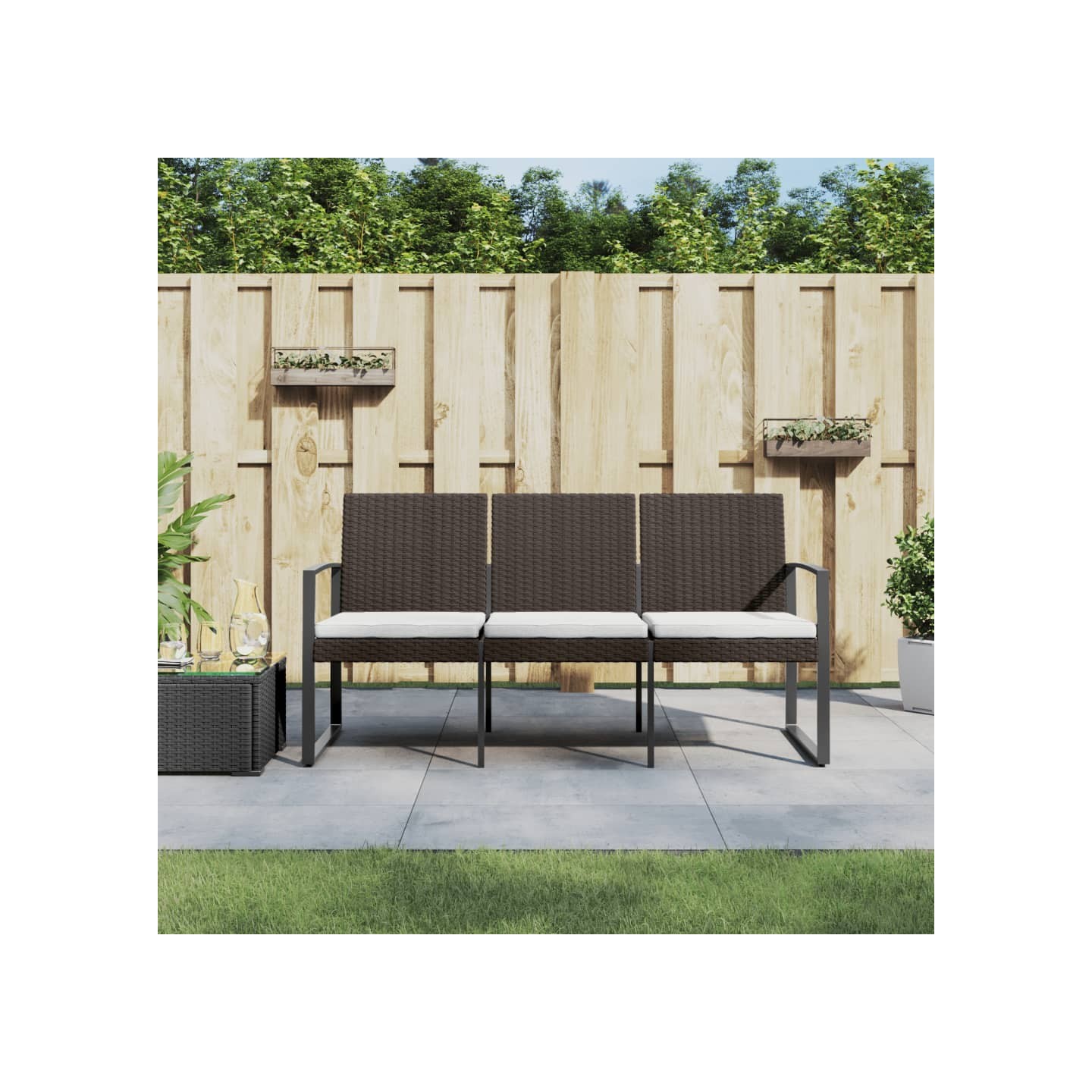 Banc de jardin à 3 places avec coussins marron PP rotin