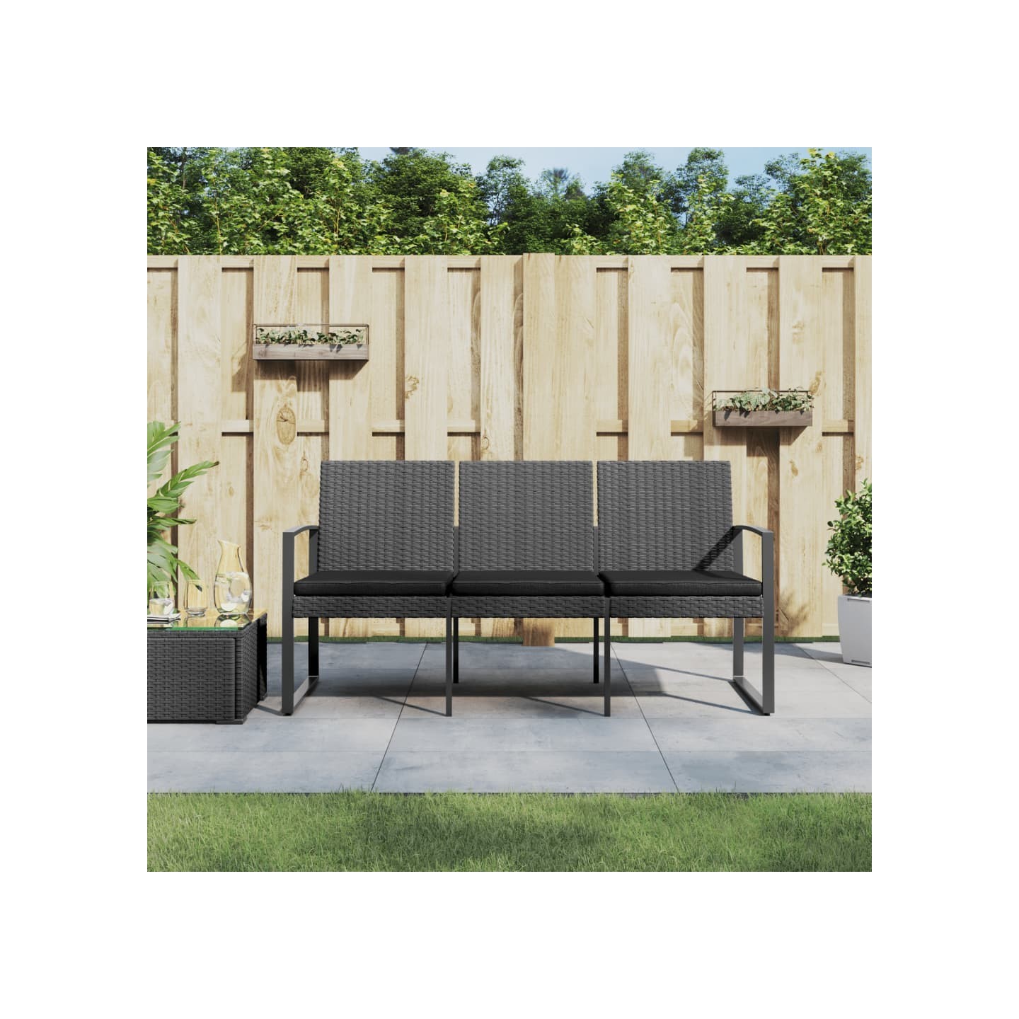 Banc de jardin à 3 places et coussins gris foncé PP rotin