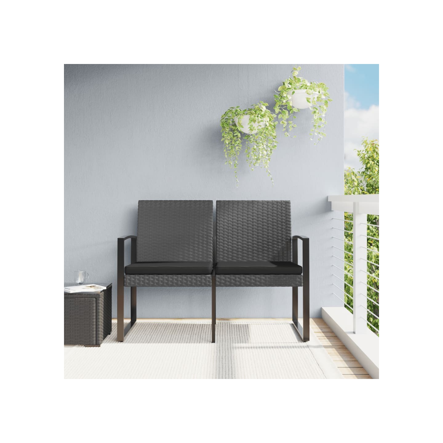Banc de jardin à 2 places et coussins gris foncé PP rotin