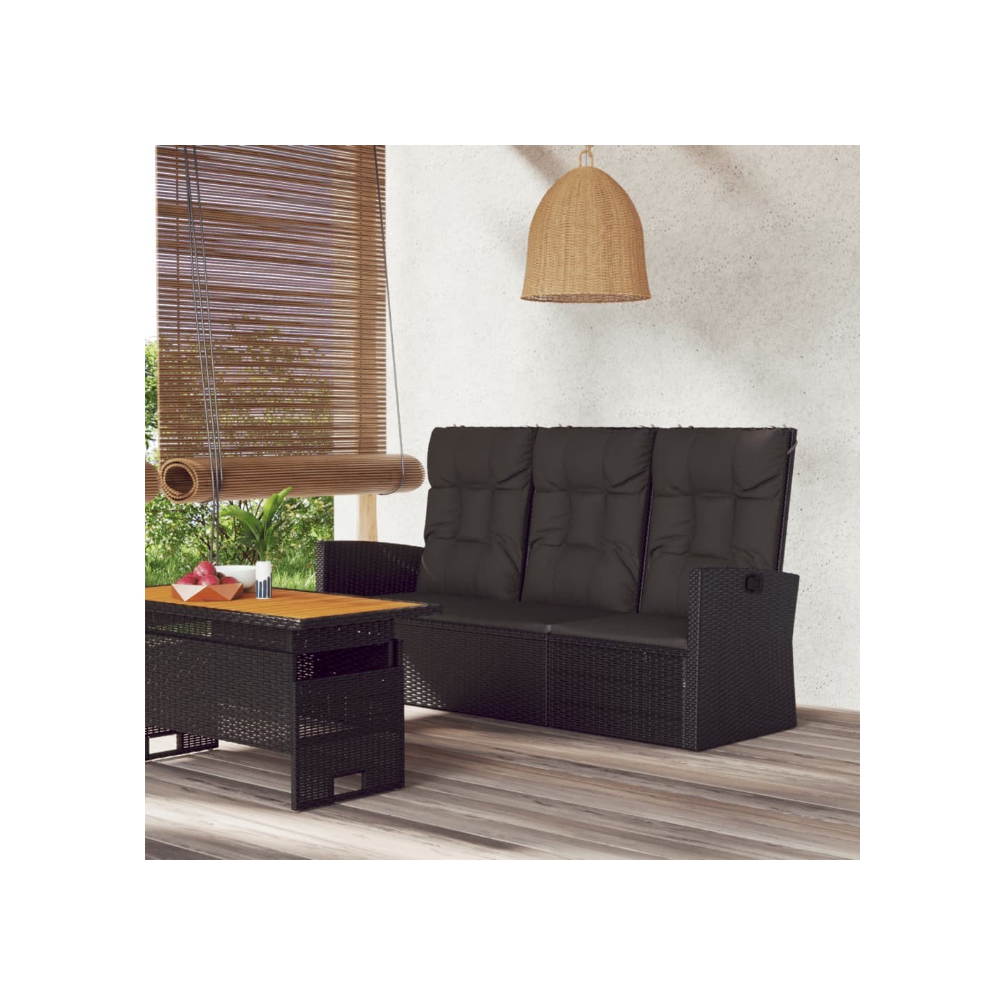 Banc de jardin inclinable et coussins noir 173cm résine tressée