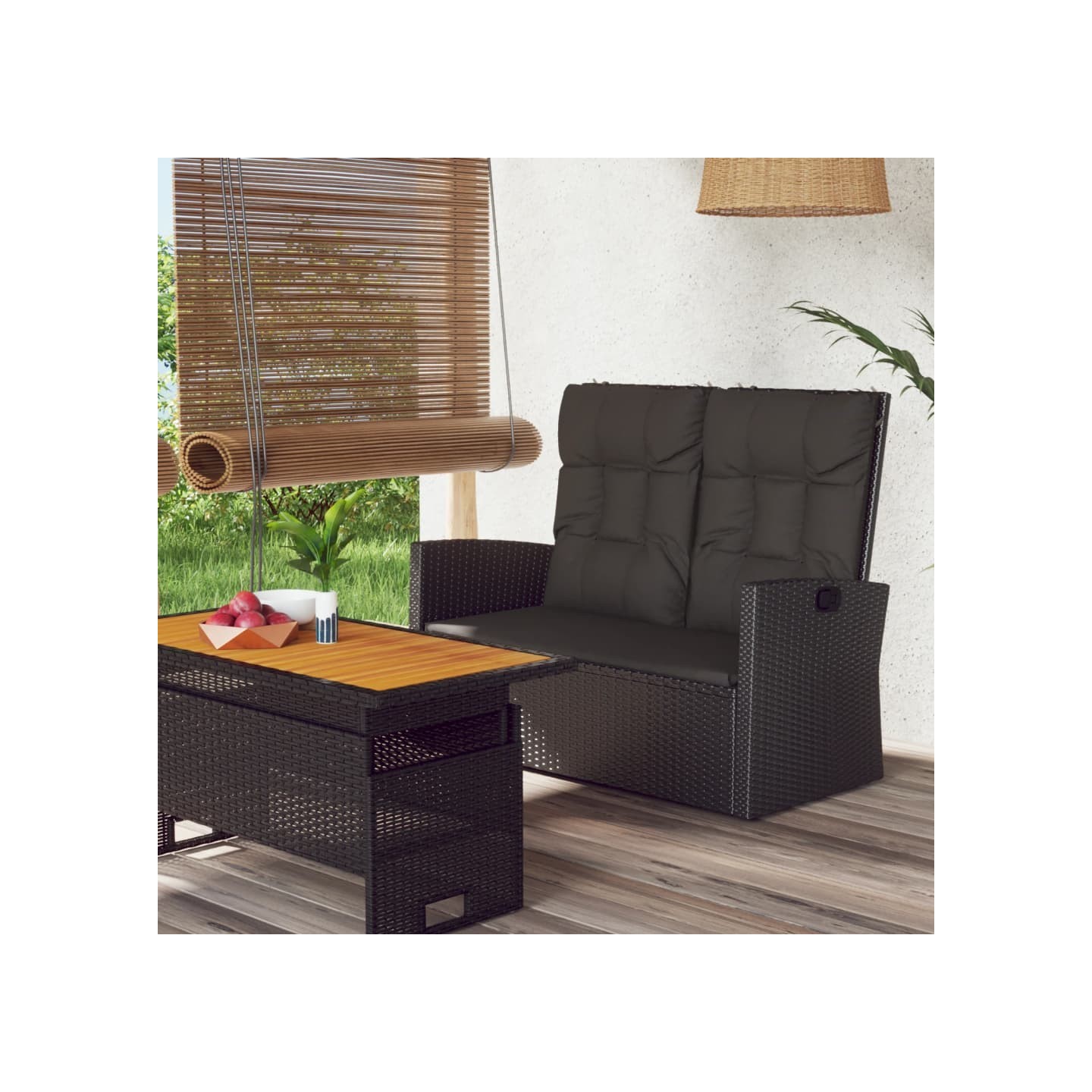 Banc de jardin inclinable et coussins noir 118cm résine tressée