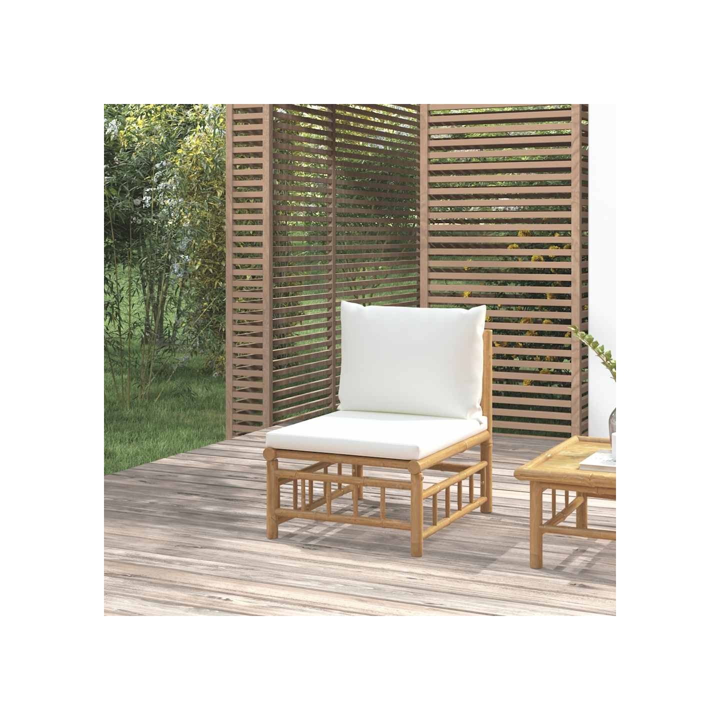 Canapé central de jardin avec coussins blanc crème bambou