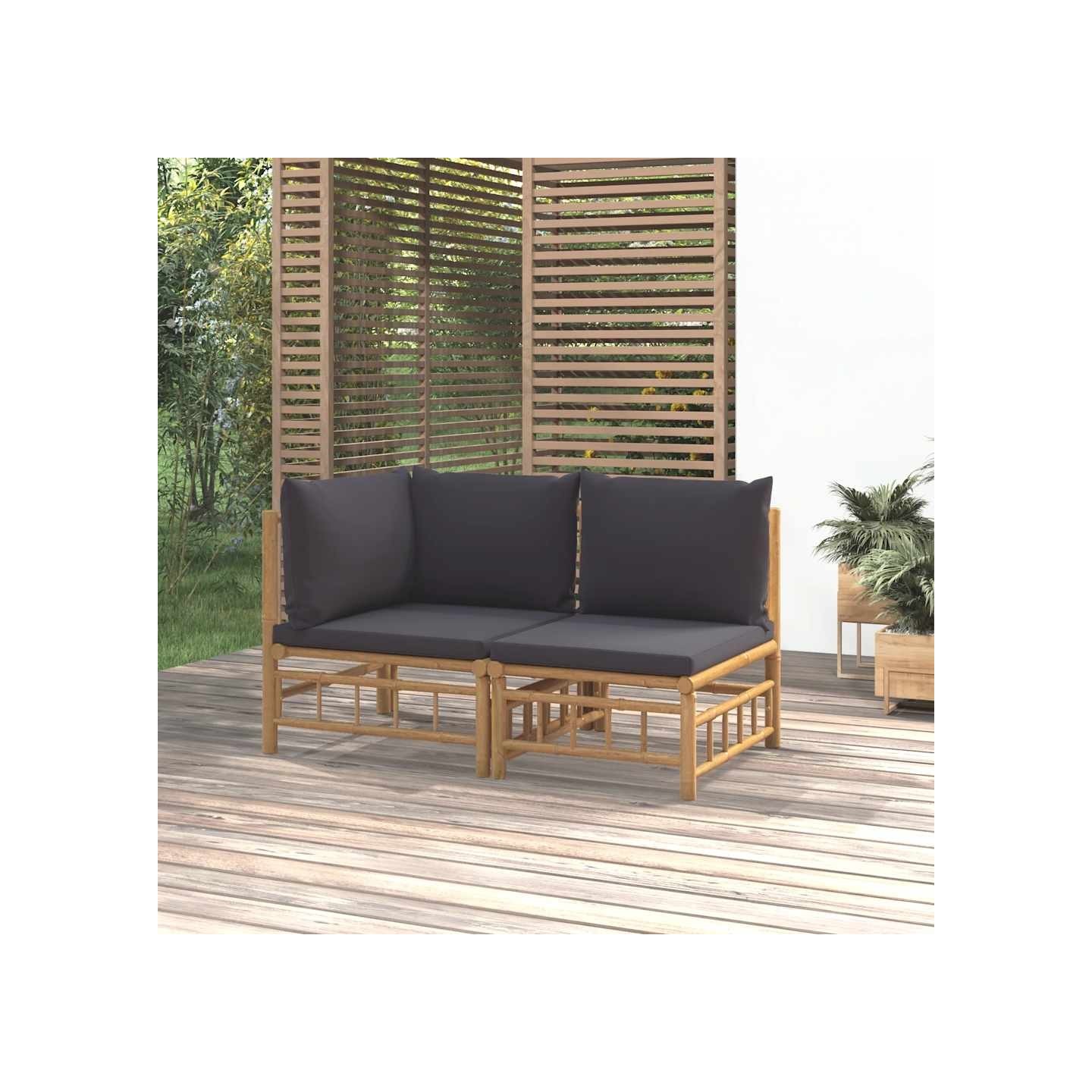 Salon de jardin 2 pcs avec coussins gris foncé bambou