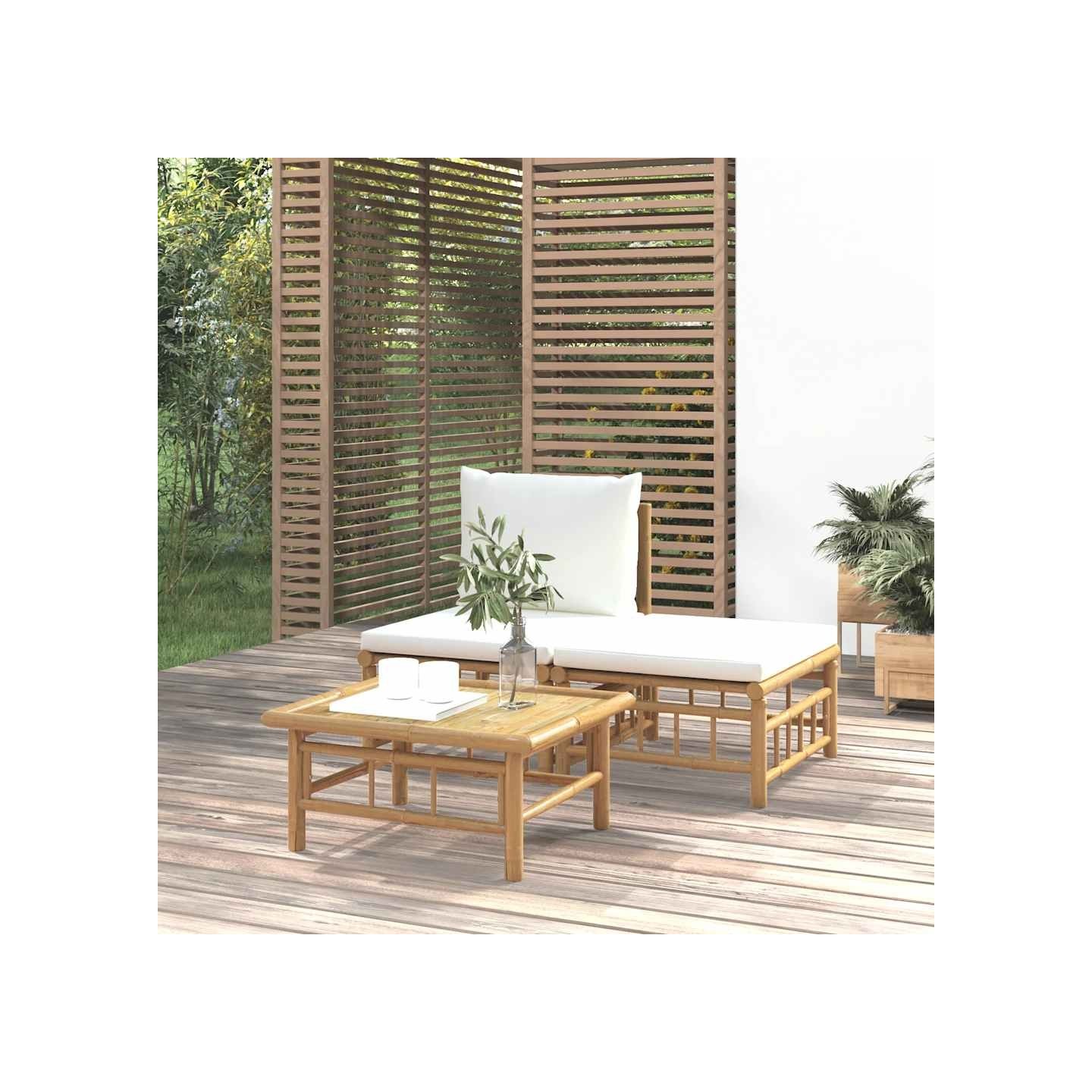 Salon de jardin 3 pcs avec coussins blanc crème bambou