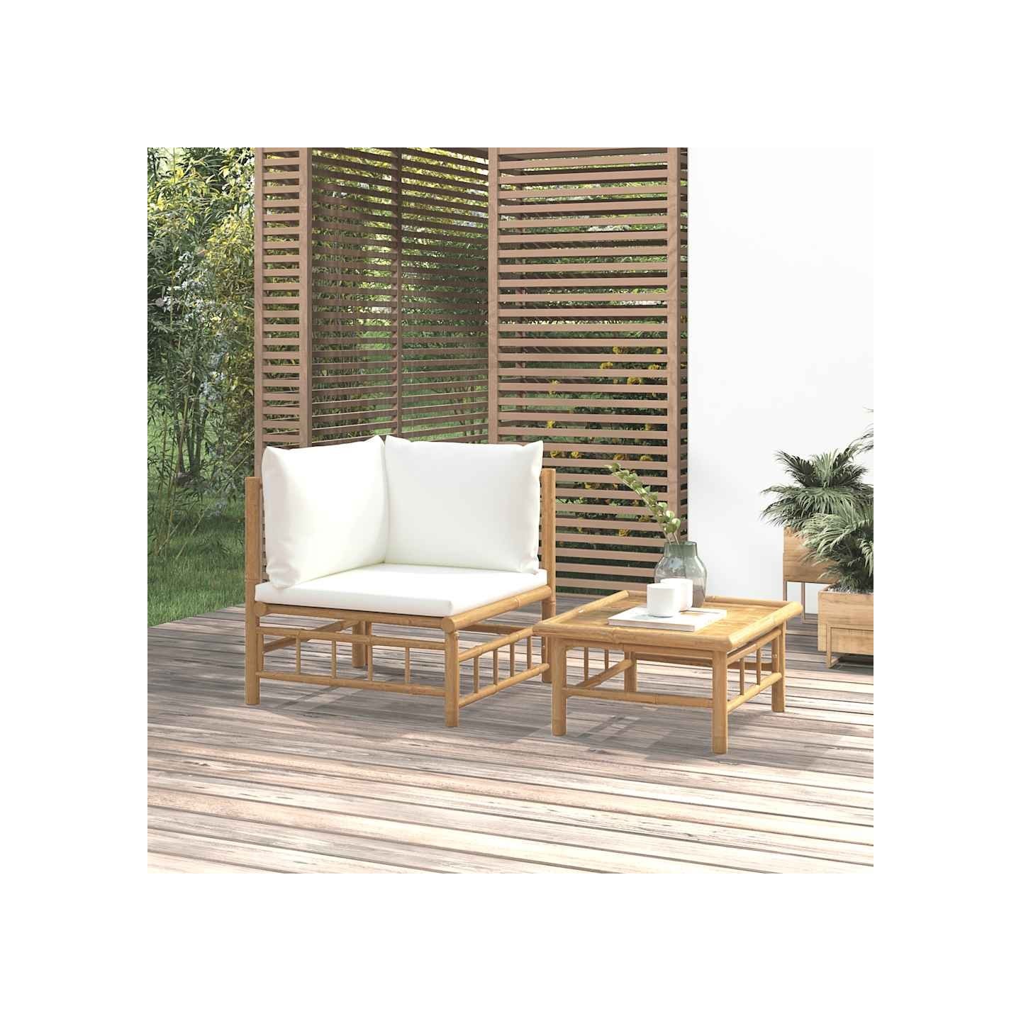 Salon de jardin 2 pcs avec coussins blanc crème bambou