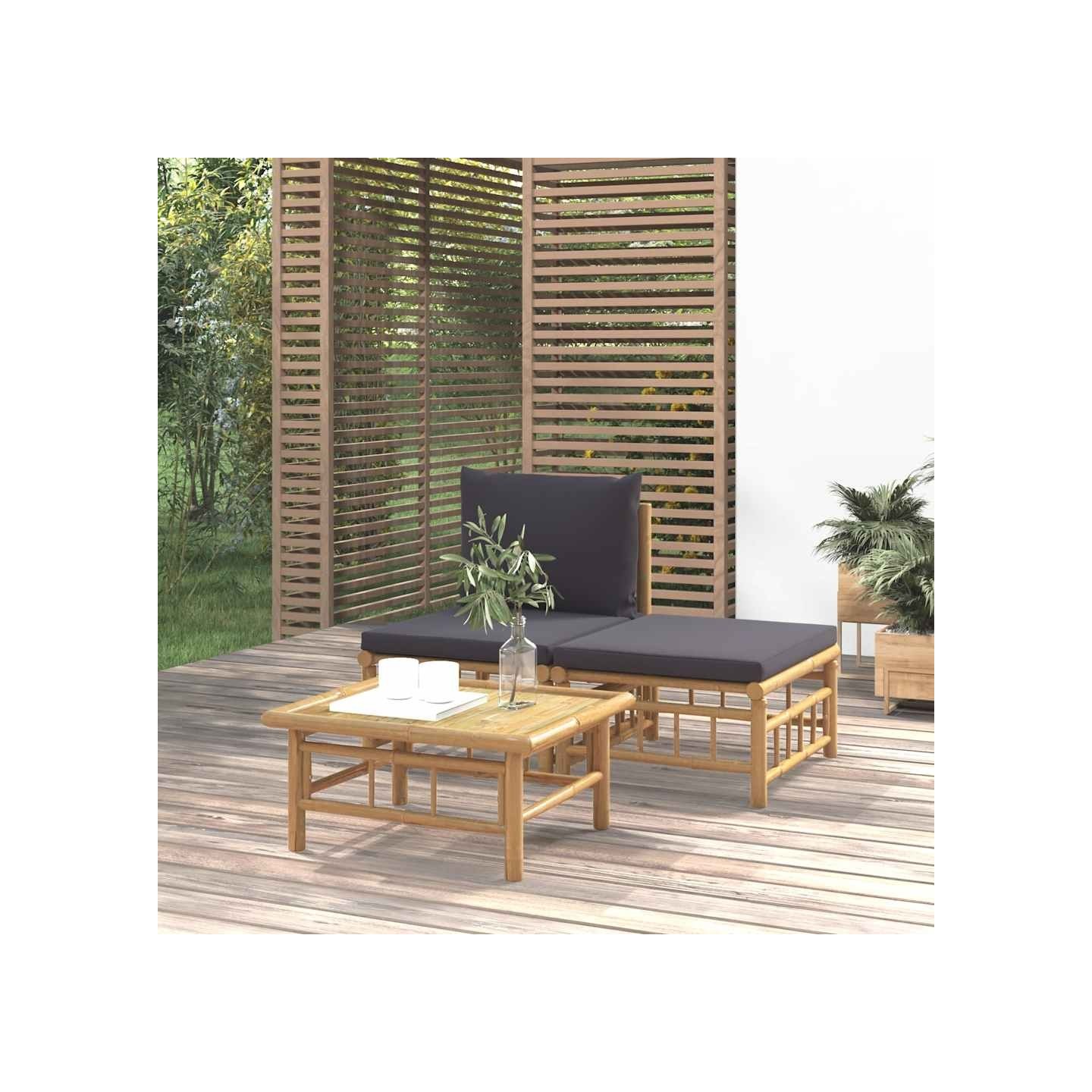 Salon de jardin 3 pcs avec coussins gris foncé bambou