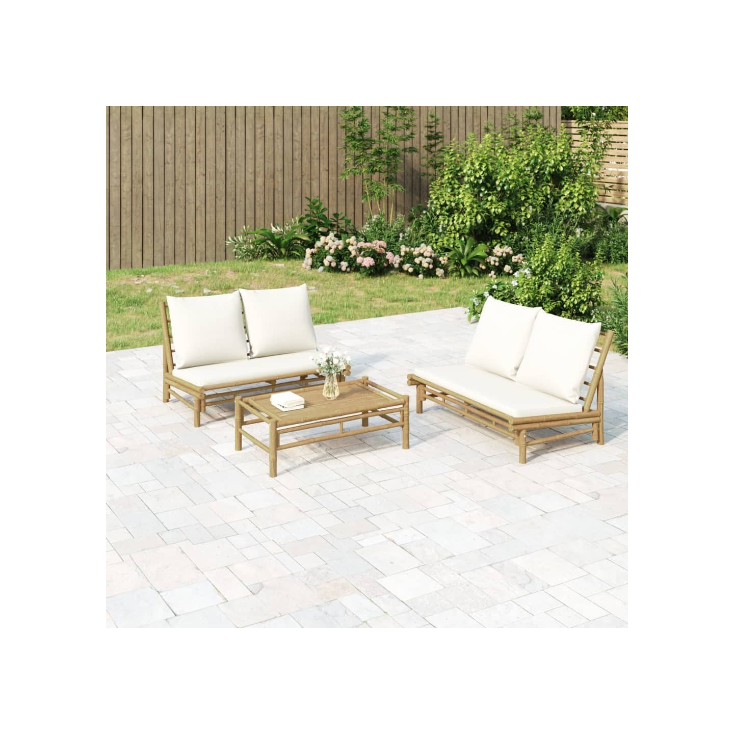 Banc de jardin avec coussins blanc crème bambou
