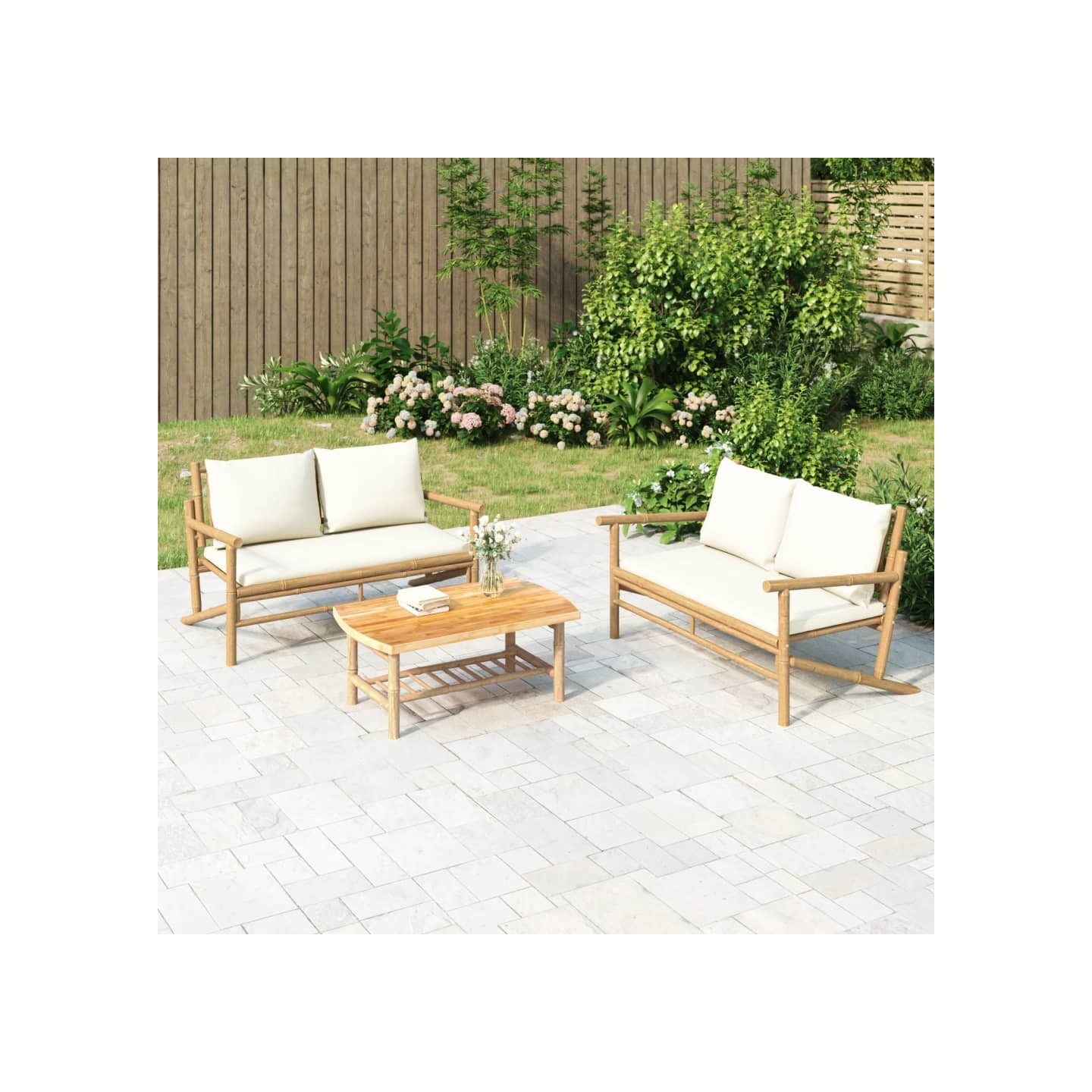 Banc de jardin avec coussins blanc crème bambou