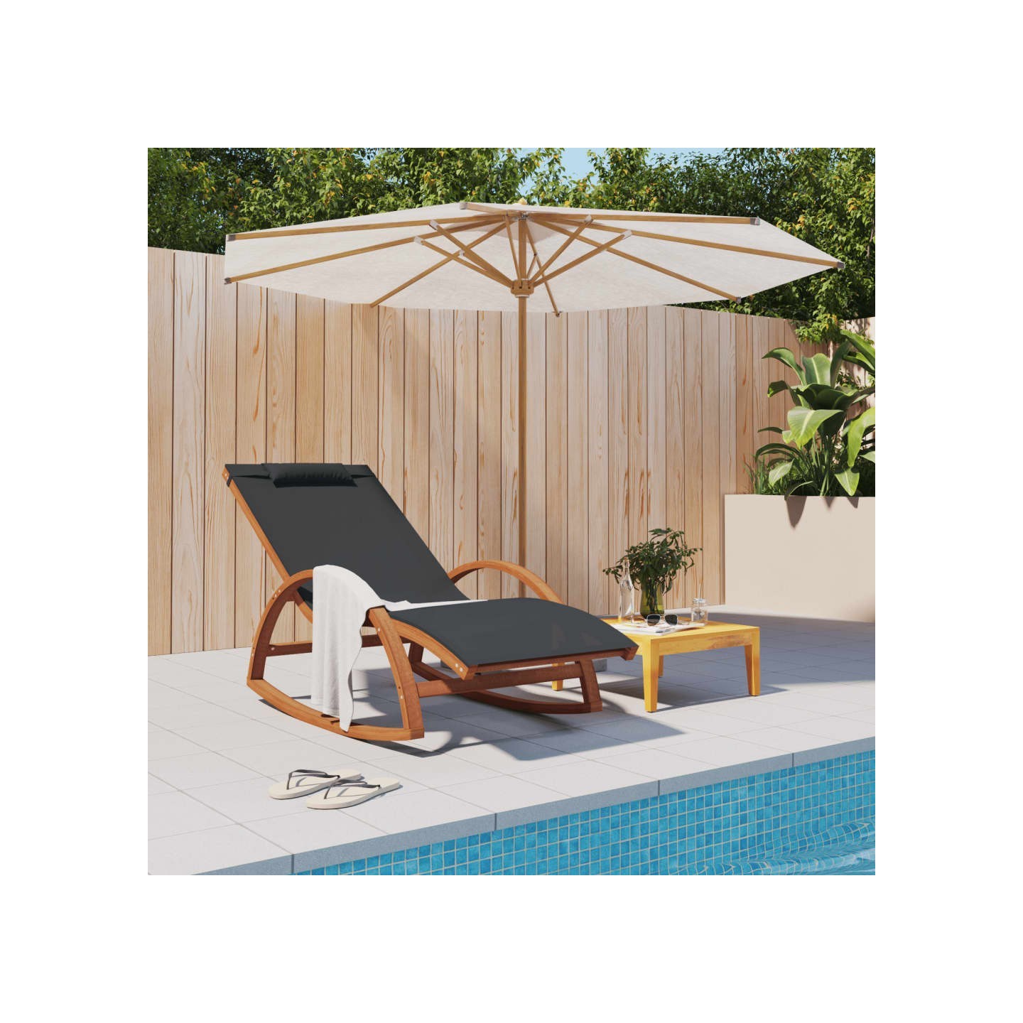 Chaise à bascule textilène gris et bois de peuplier massif