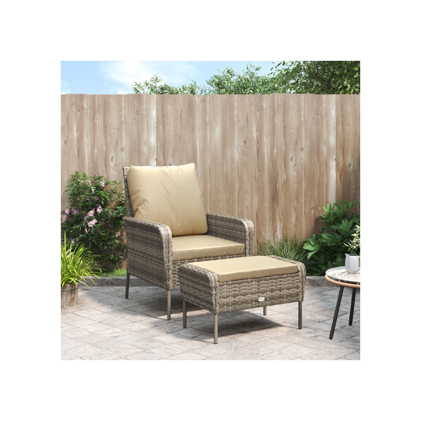 Chaise de jardin avec tabouret marron clair résine tressée
