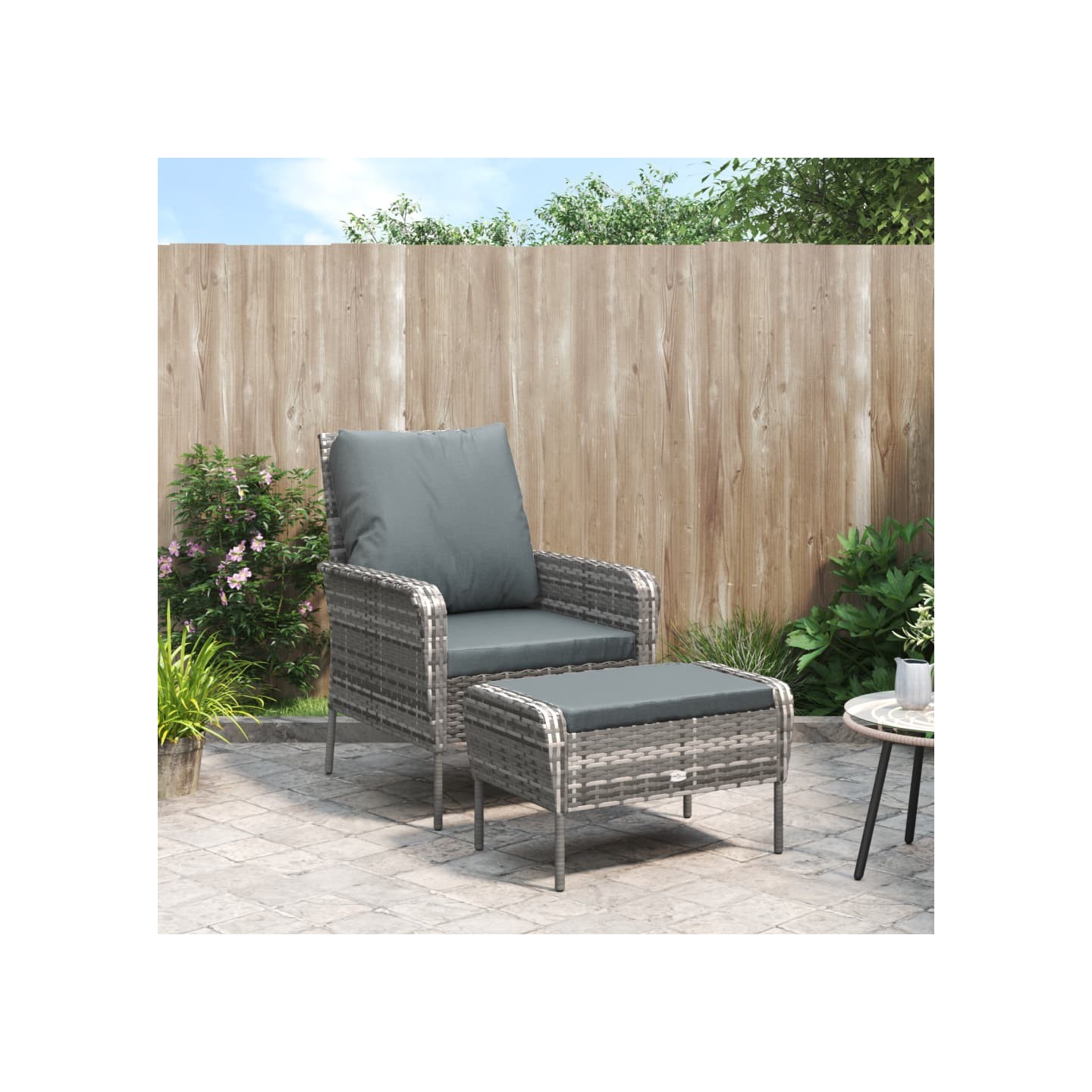 Chaise de jardin avec tabouret gris résine tressée