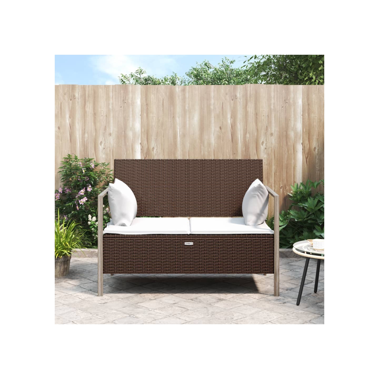 Banc de jardin à 2 places avec coussins Marron Résine tressée