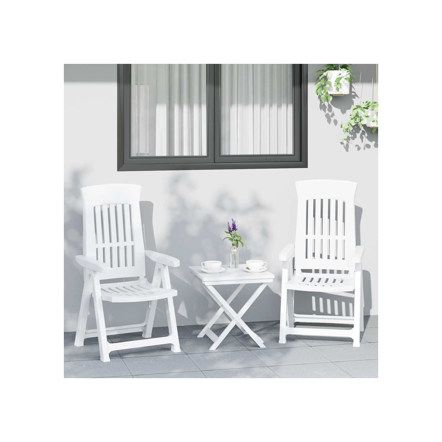 Chaises pliantes inclinables, lot de 2, blanches, en polypropylène.