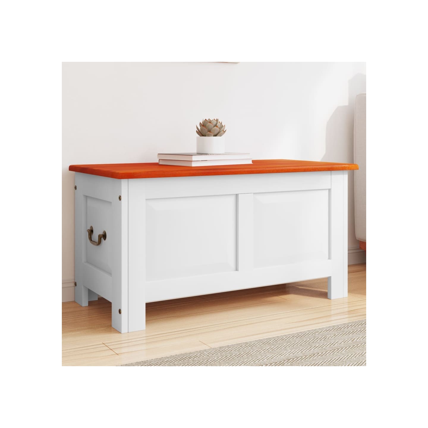 Coffre de rangement et couvercle marron et blanc bois d'acacia