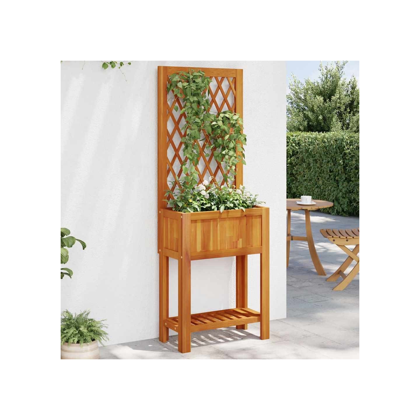 Jardinière avec treillis et étagère bois massif d'acacia