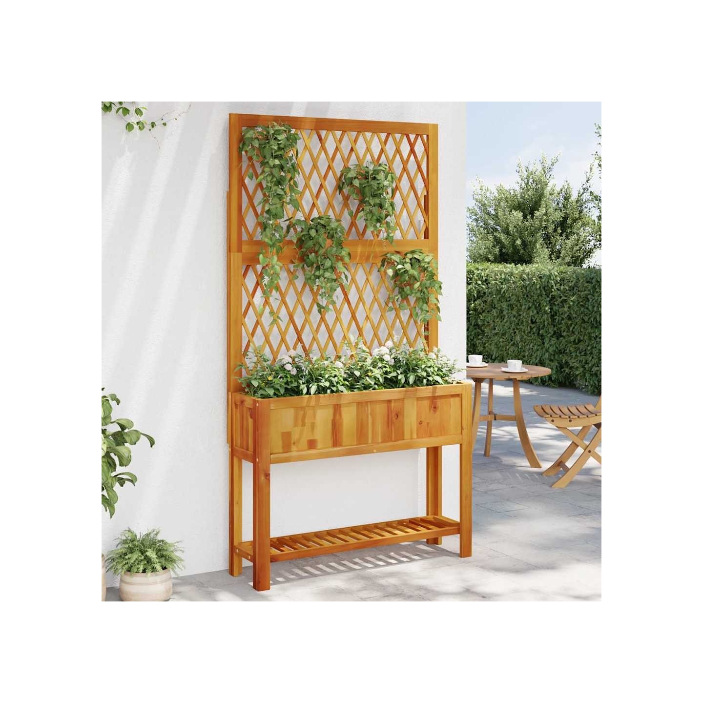 Jardinière avec treillis et étagère bois massif d'acacia