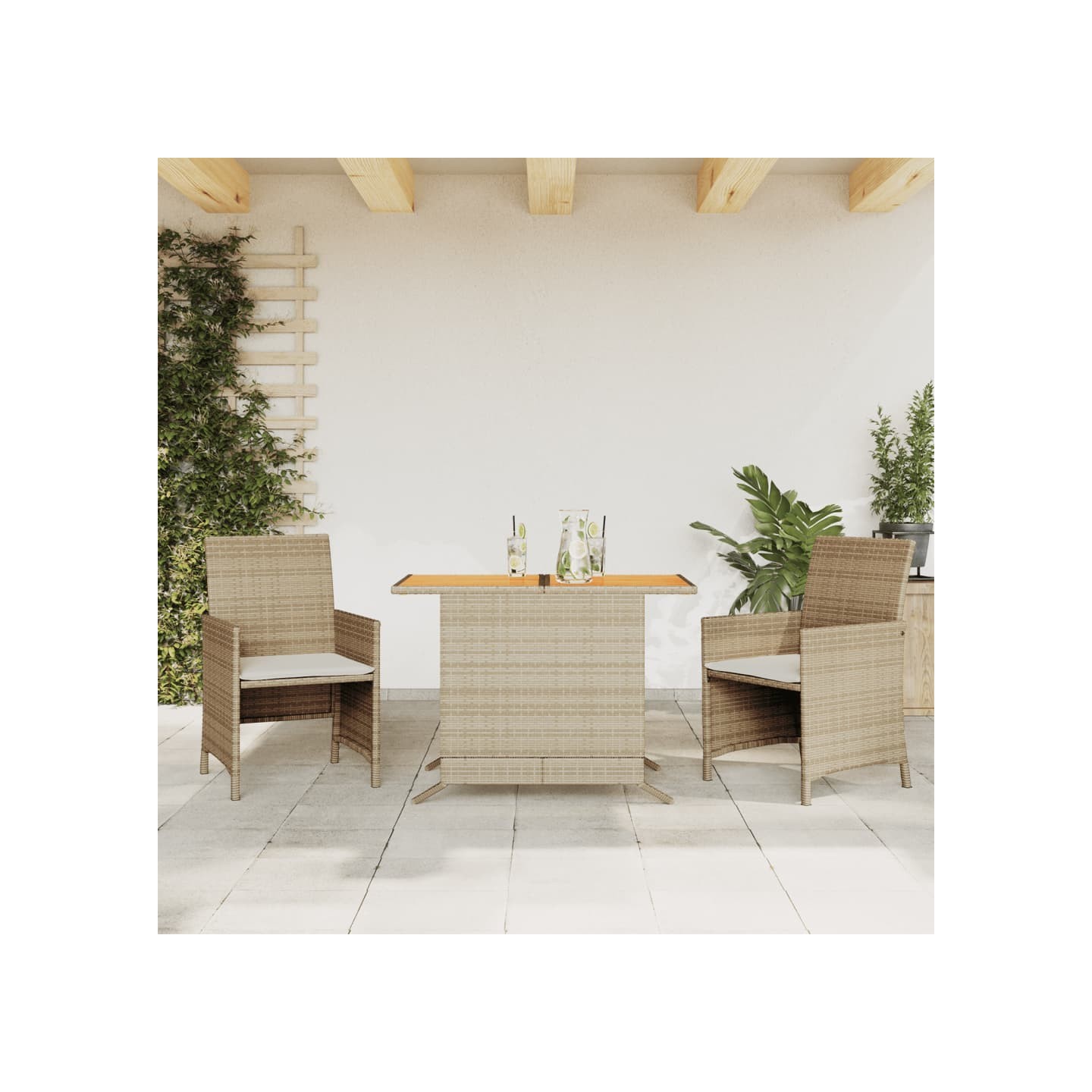 Ensemble de bistro 3 pcs avec coussins beige résine tressée