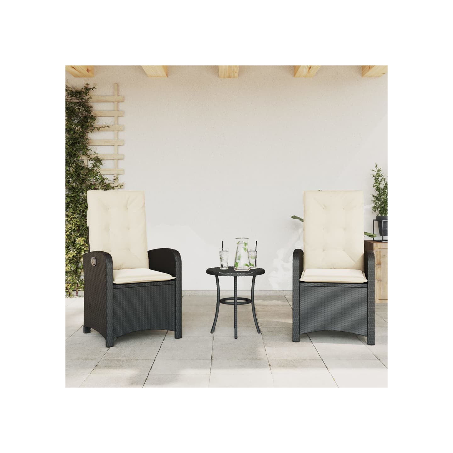 Chaises inclinables de jardin lot de 2 et coussins noir rotin