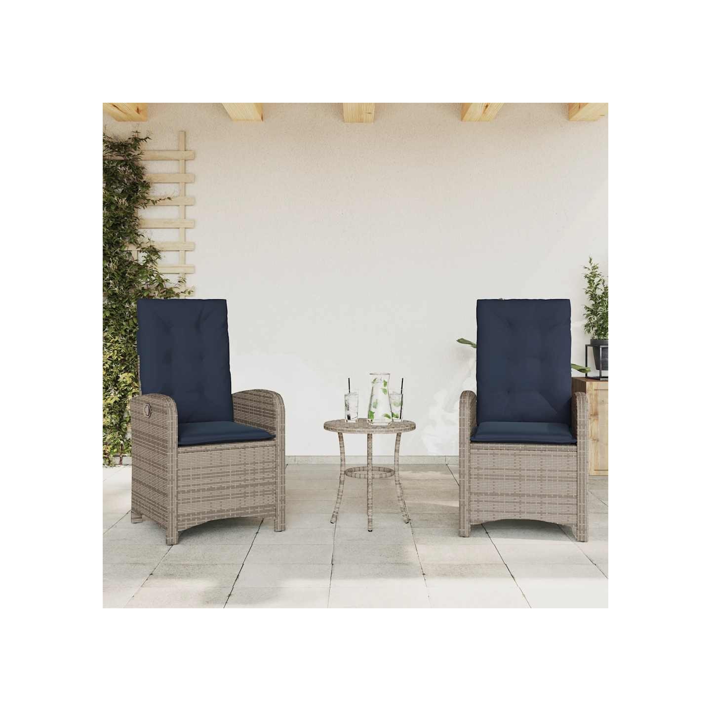 Chaises inclinables de jardin lot de 2 et coussins gris rotin
