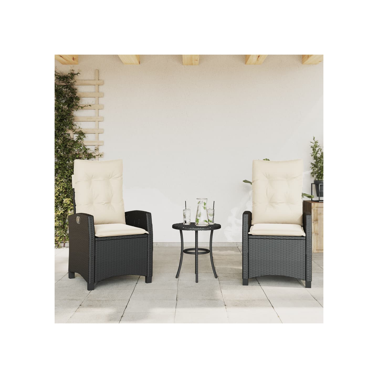 Chaises inclinables de jardin lot de 2 et coussins noir rotin