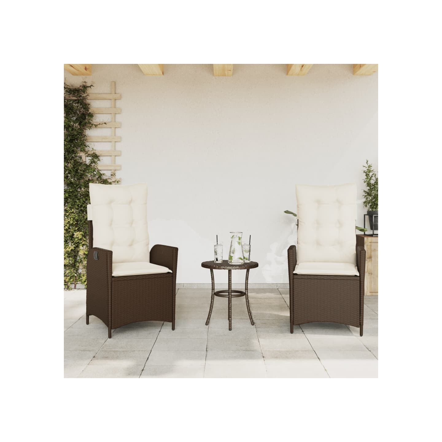 Chaises inclinables de jardin lot de 2 et coussins marron rotin