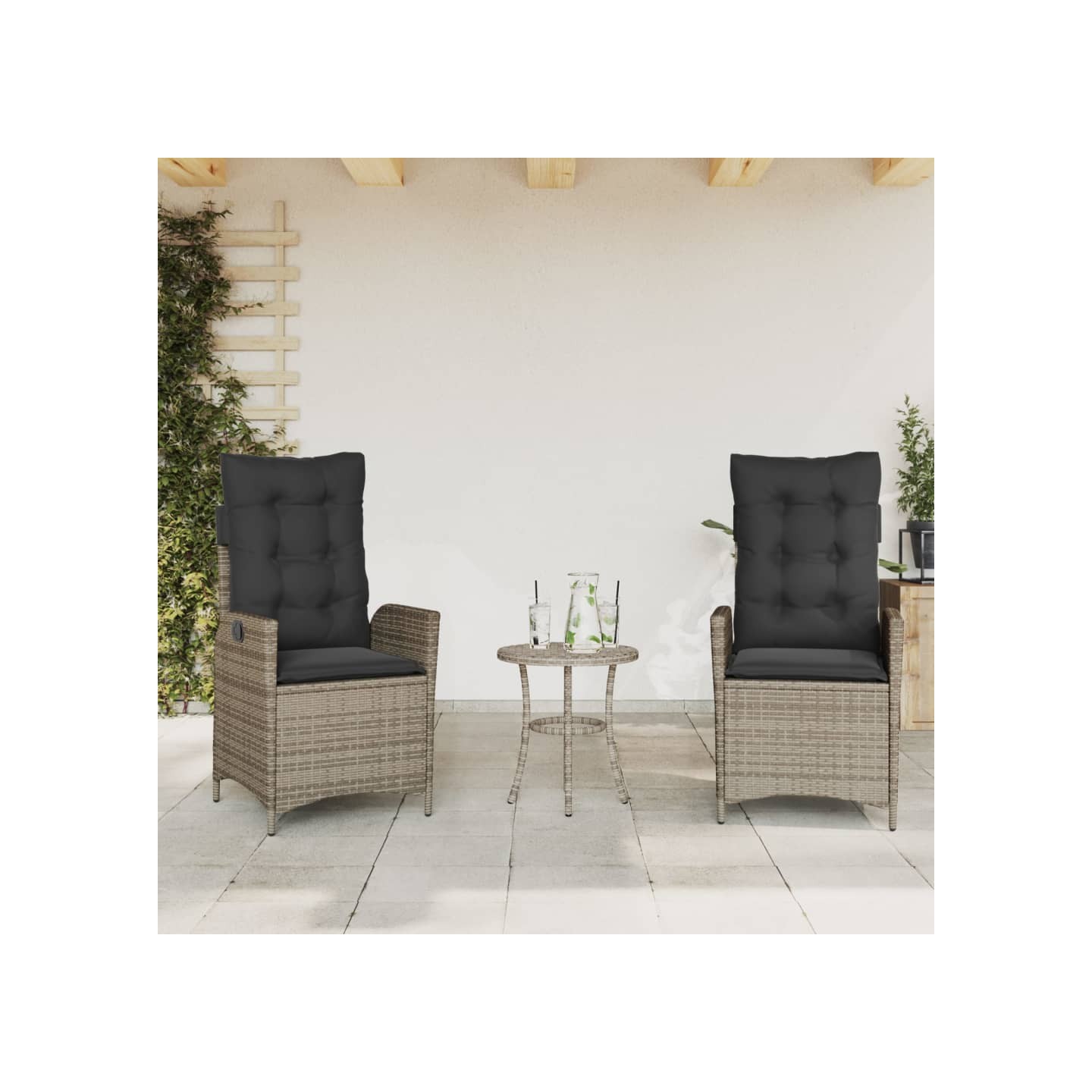 Chaises inclinables de jardin lot de 2 et coussins gris rotin