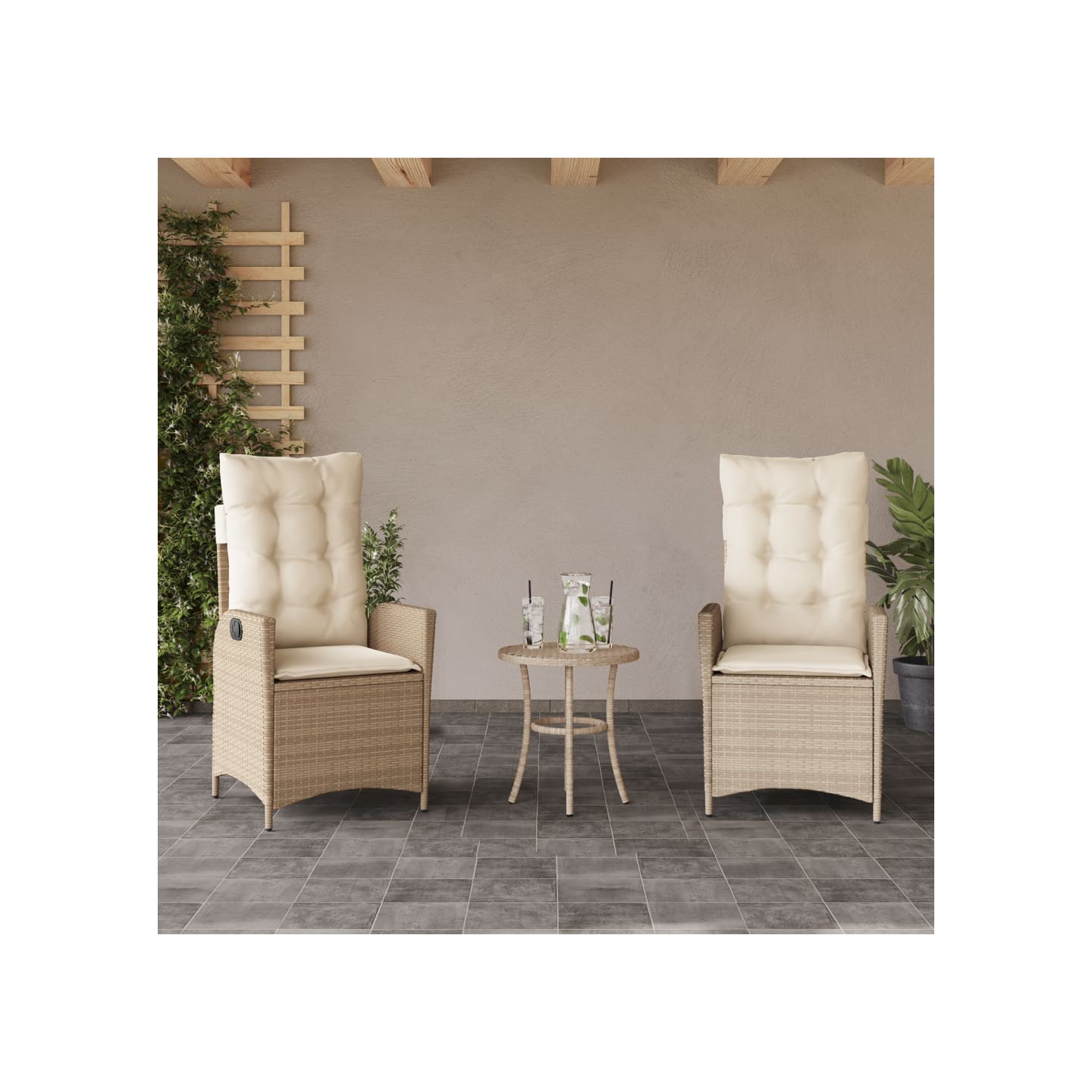 Chaises inclinables de jardin lot de 2 et coussins beige rotin