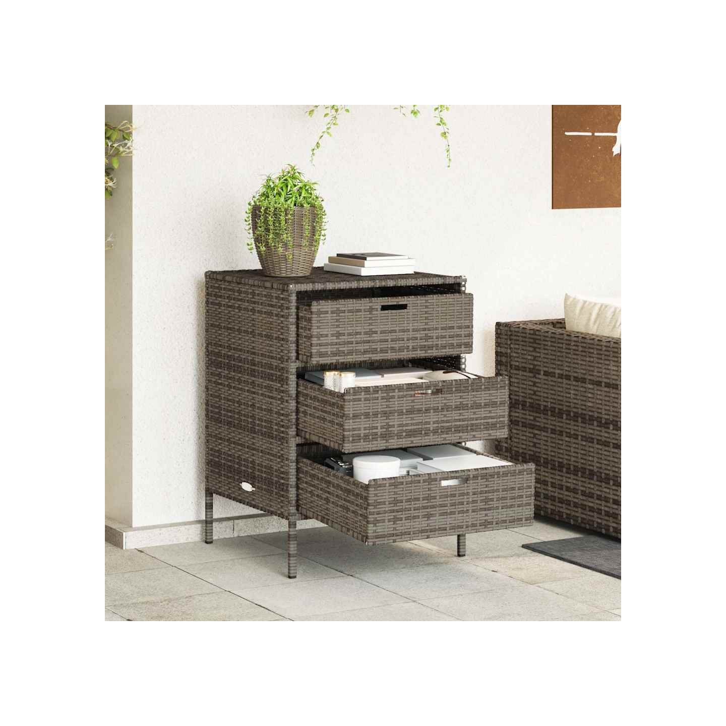 Armoire de rangement de jardin et 3 tiroirs gris résine tressée