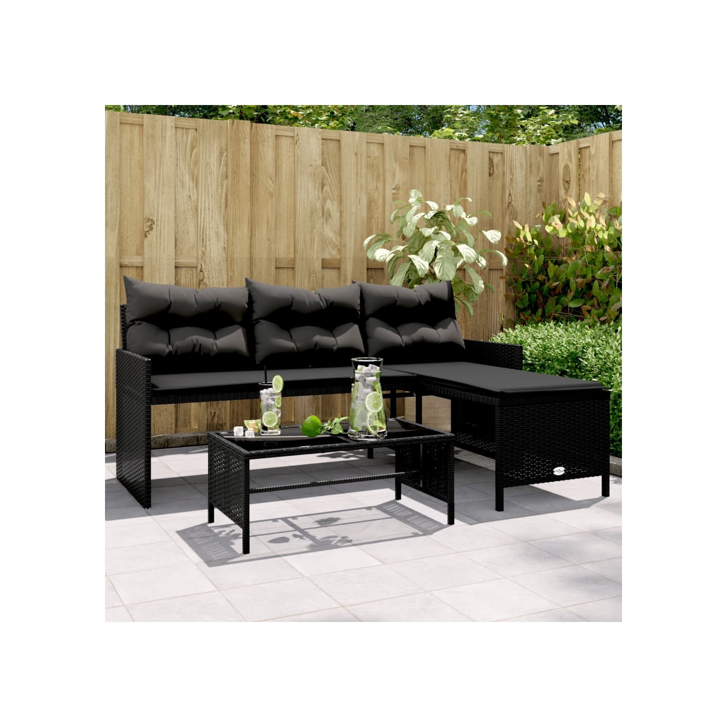 Canapé de jardin avec table et coussins en forme de L noir