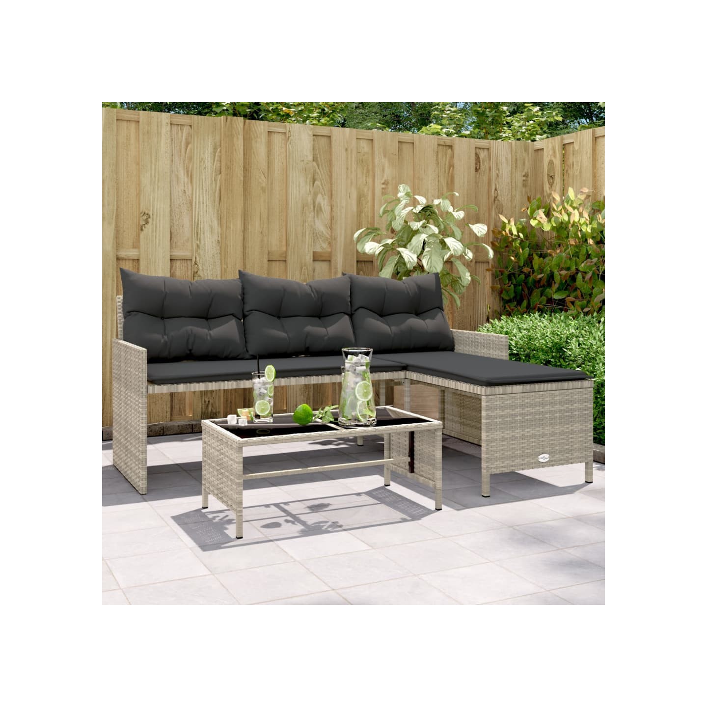 Canapé de jardin et table et coussins en forme de L gris clair