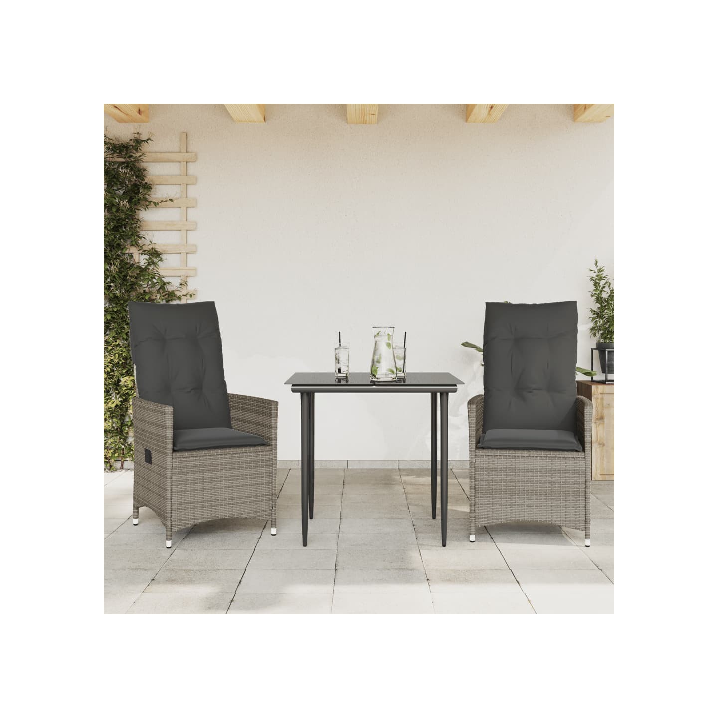 Chaises inclinables de jardin lot de 2 et coussins gris rotin