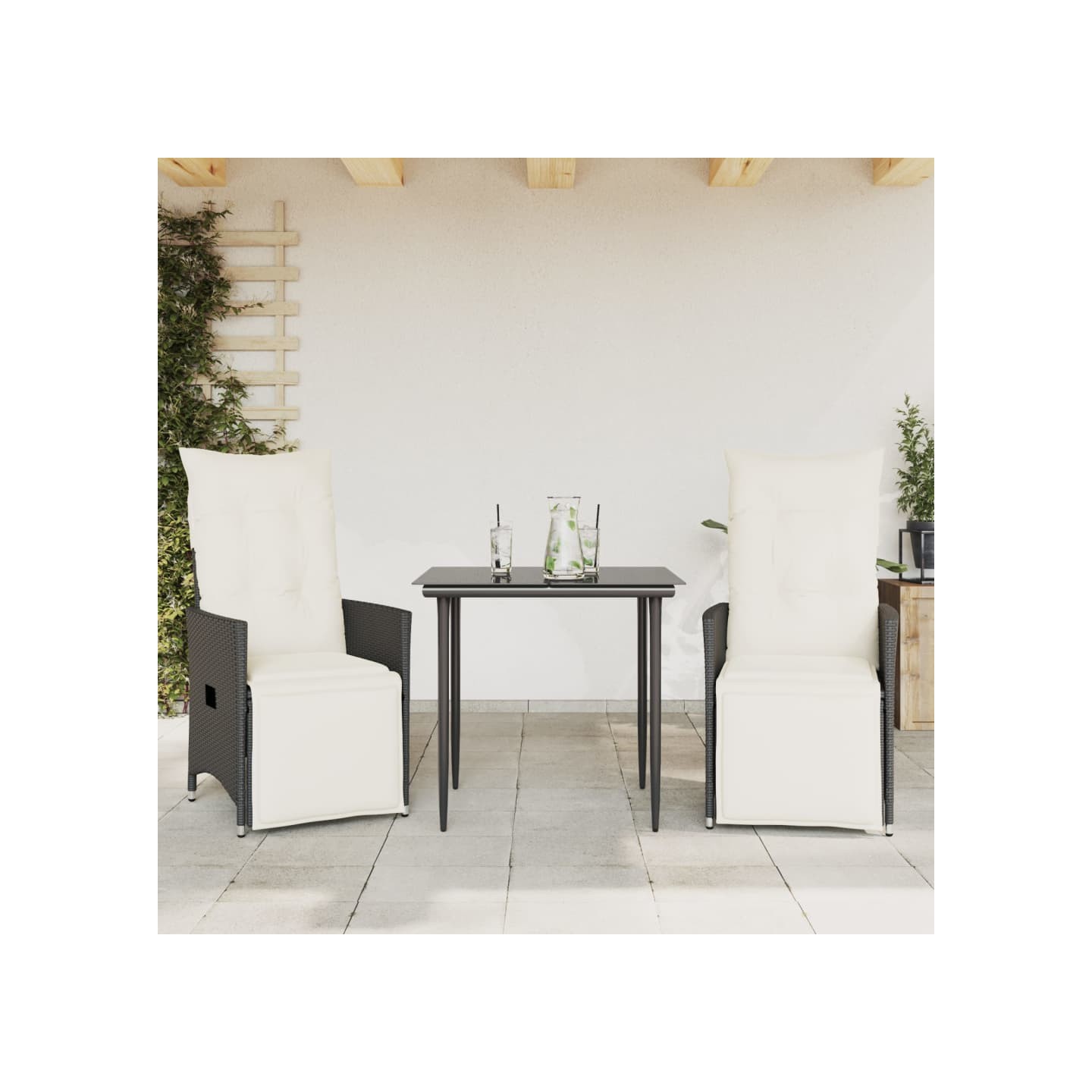 Chaises inclinables de jardin lot de 2 et coussins noir rotin
