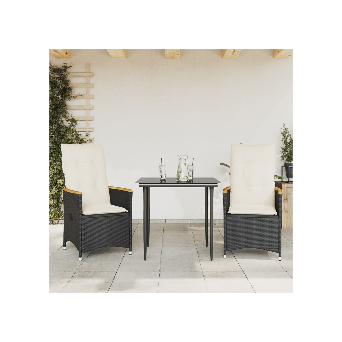 Chaises inclinables de jardin lot de 2 et coussins noir rotin