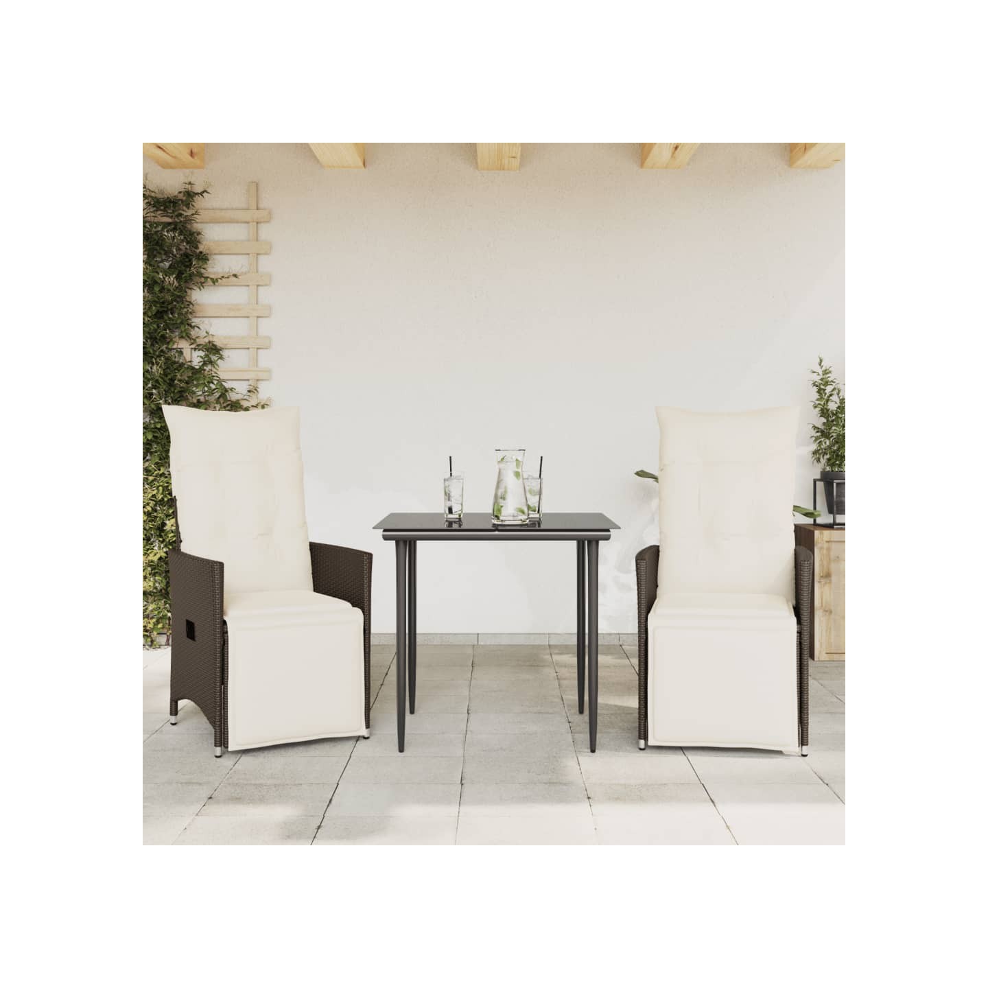 Chaises inclinables de jardin lot de 2 et coussins marron rotin