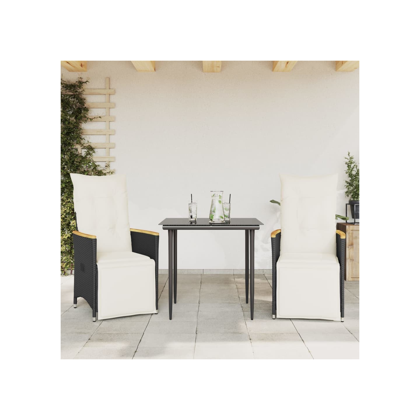 Chaises inclinables de jardin lot de 2 et coussins noir rotin