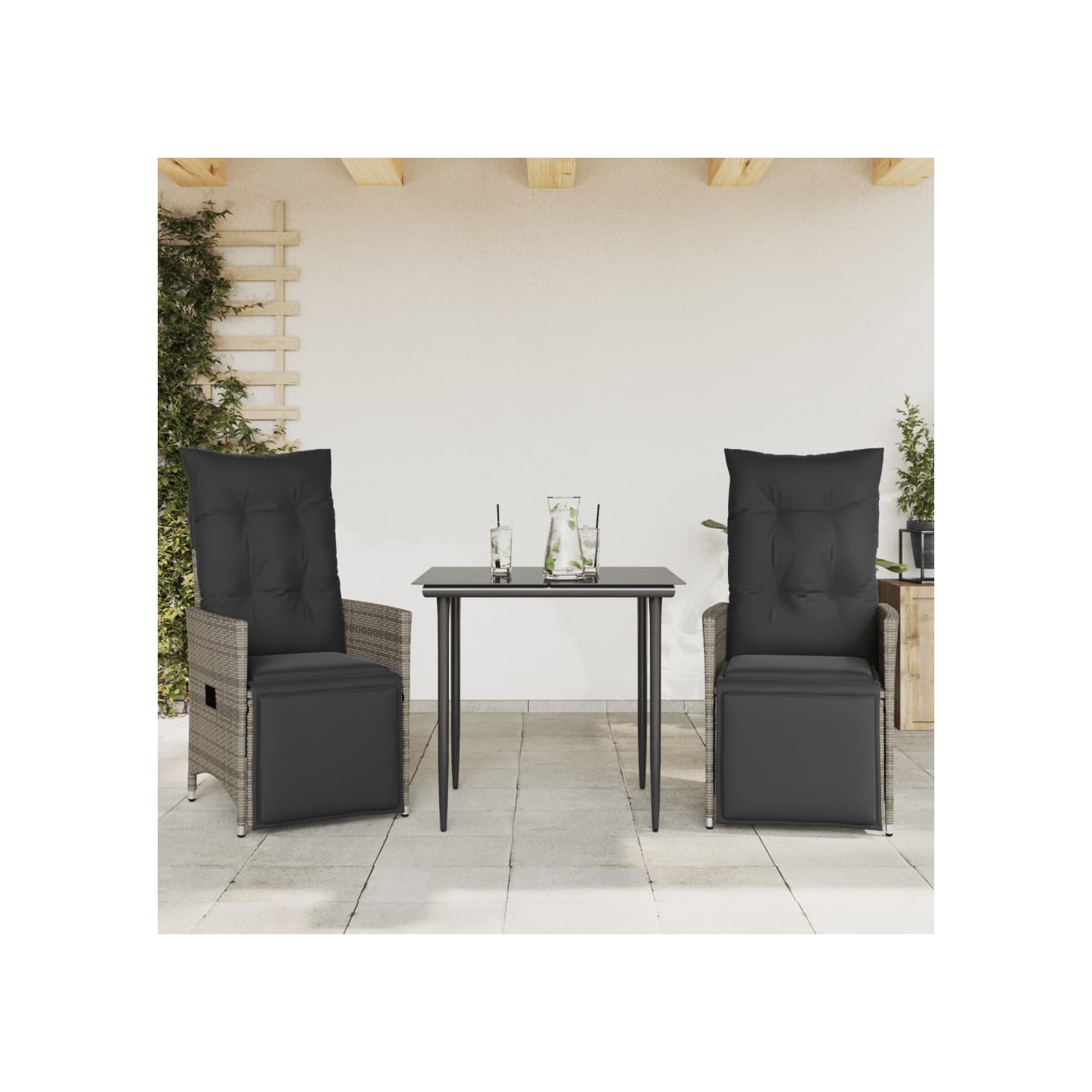 Chaises inclinables de jardin lot de 2 et coussins gris rotin
