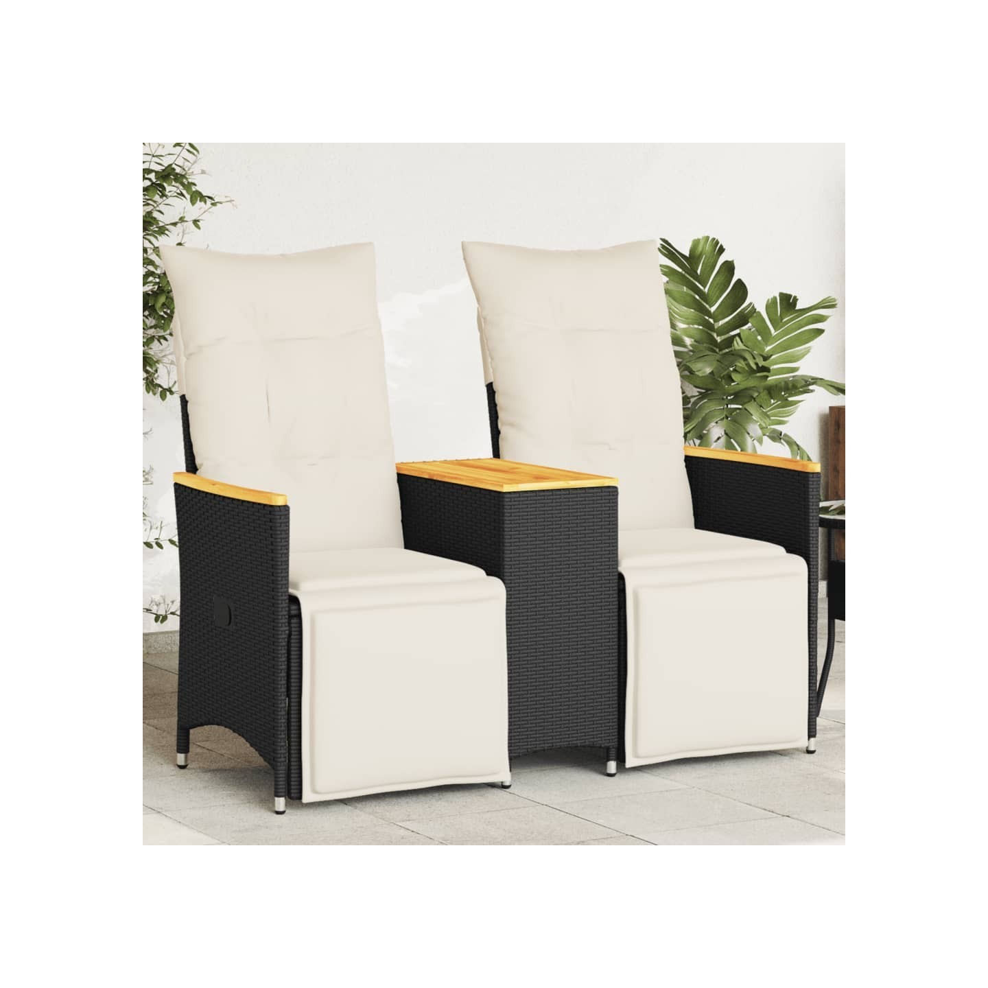Canapé de jardin inclinable 2 places avec table noir poly rotin