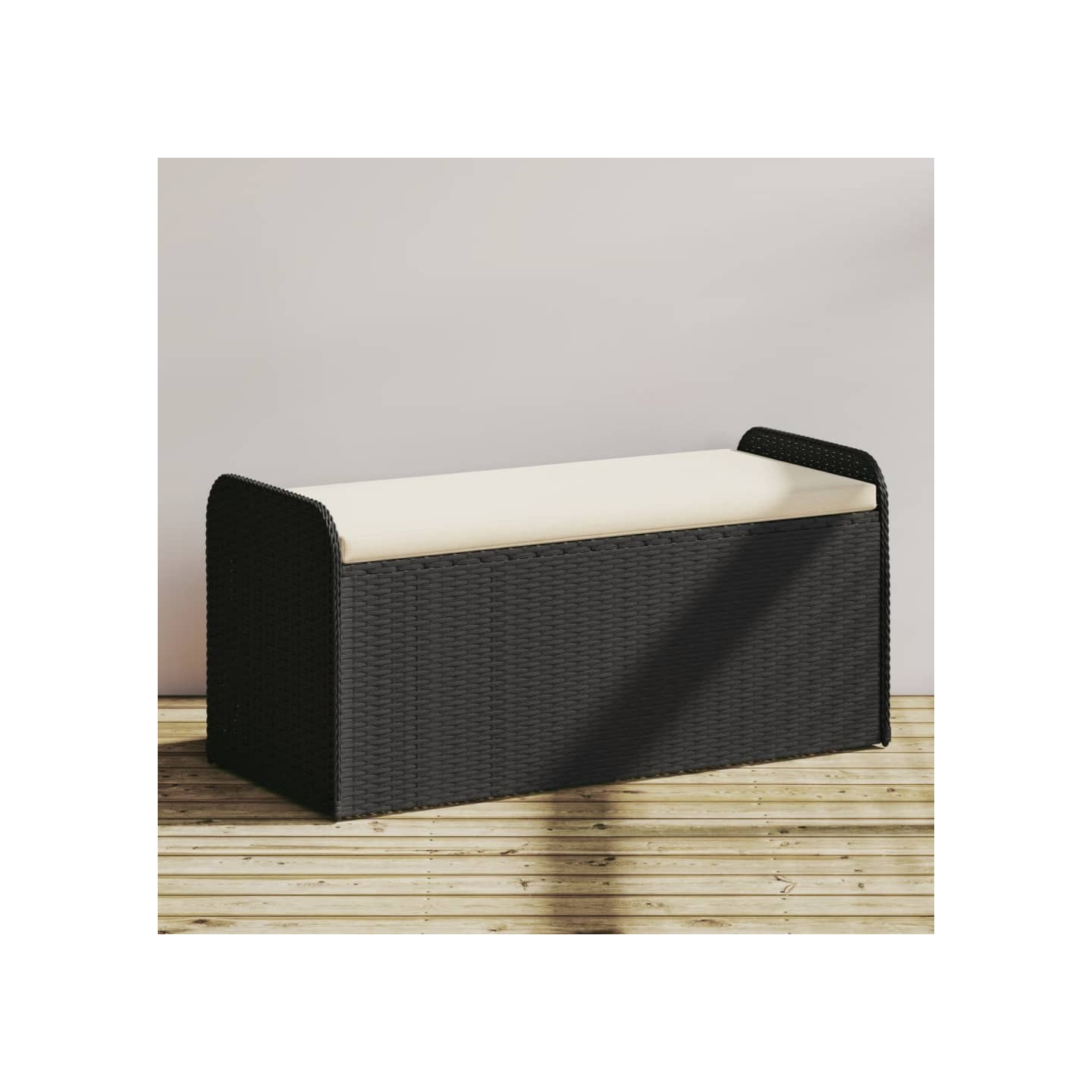 Banc de rangement avec coussin noir 115x51x52 cm résine tressée