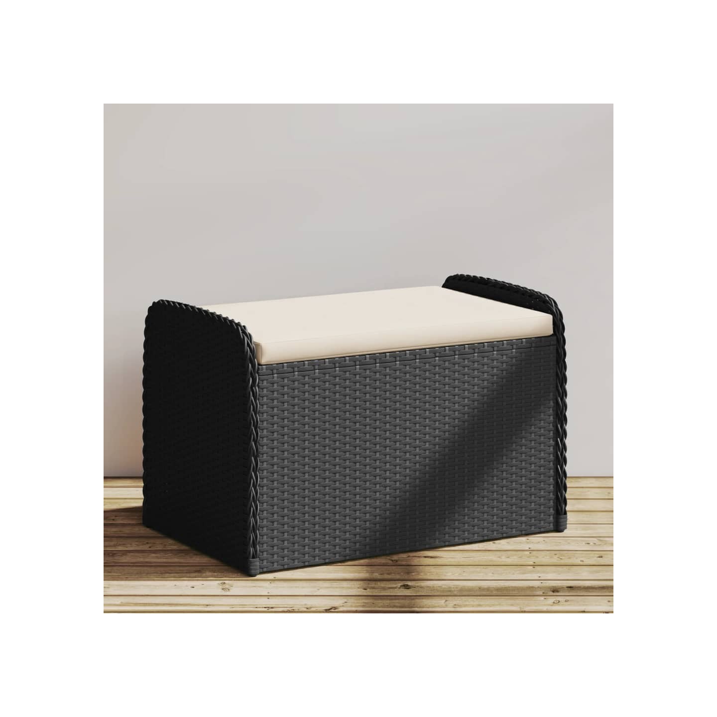Banc de rangement avec coussin noir 80x51x52 cm résine tressée