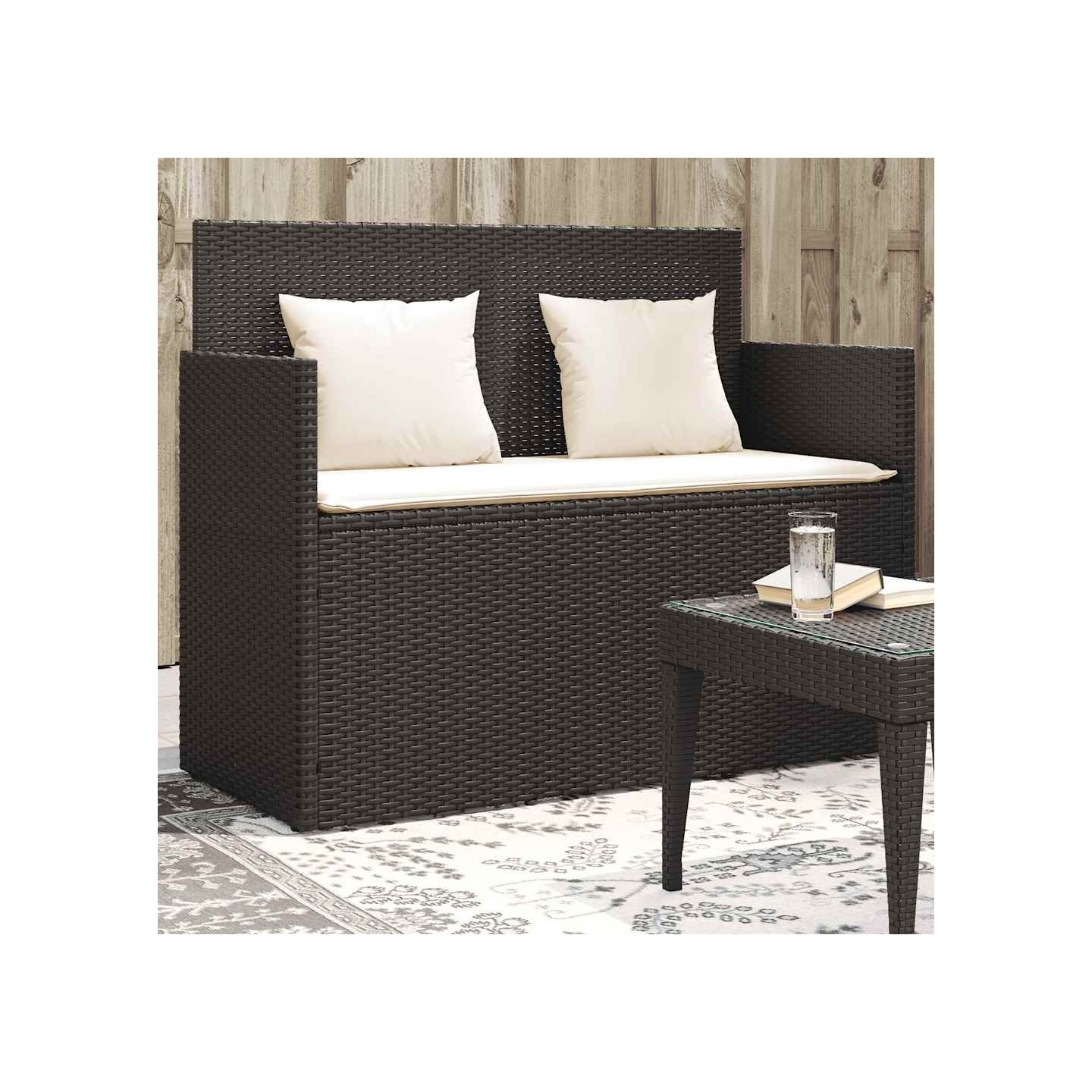 Banc de jardin avec coussins noir résine tressée